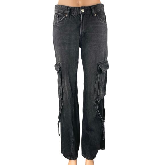 Zara Women's Black Straight Wide Leg Mid Rise Baggy Cargo Denim Jeans Pants Sz 2 - Picture 1 of 5